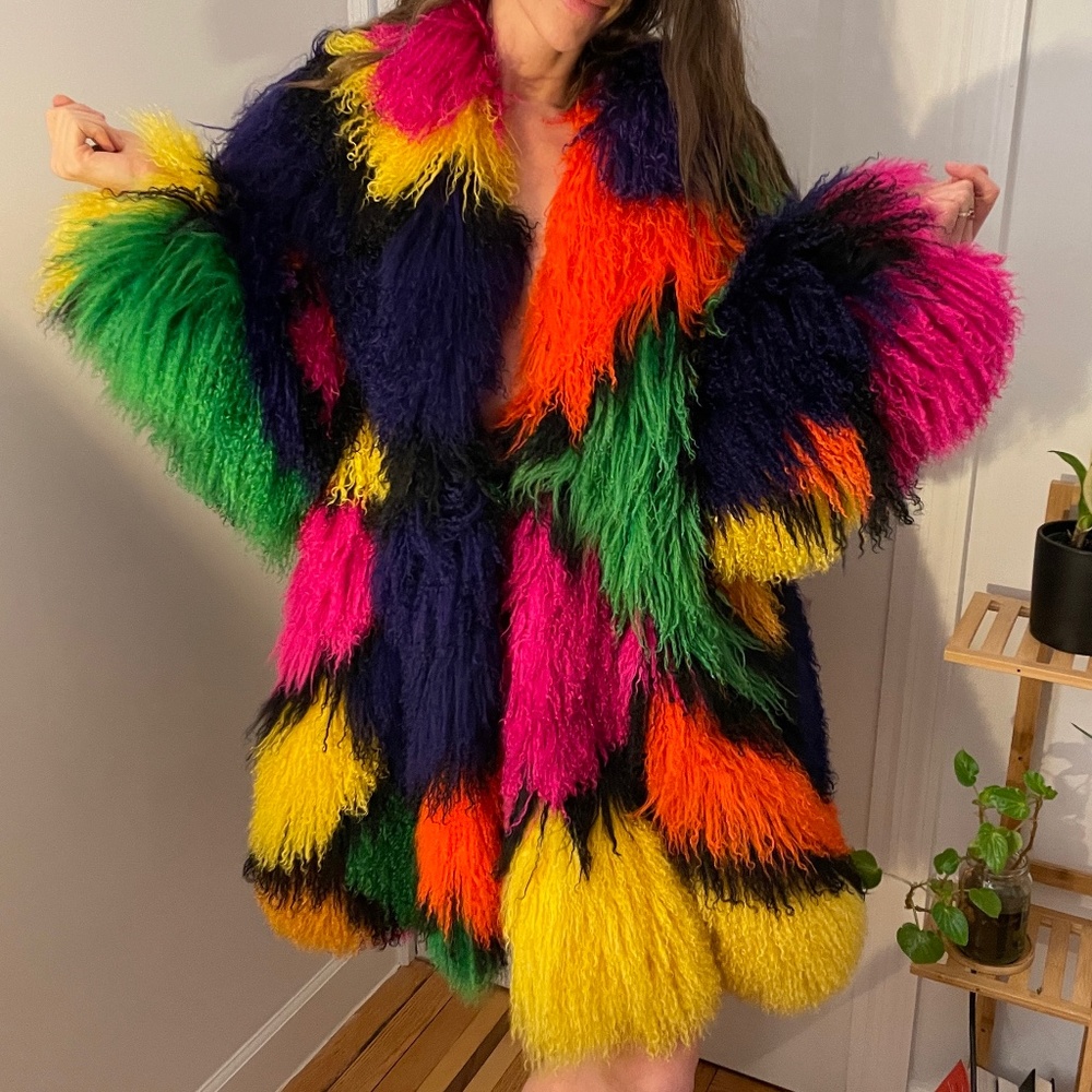 Vintage Multicolored Mongolian Lamb Fur Coat